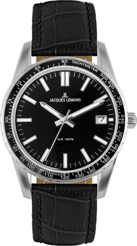 Reloj pulsera Jacques Lemans 1-2022A, analogo, para hombre, con correa de cuero color negro, bisel color plateado y hebilla simple