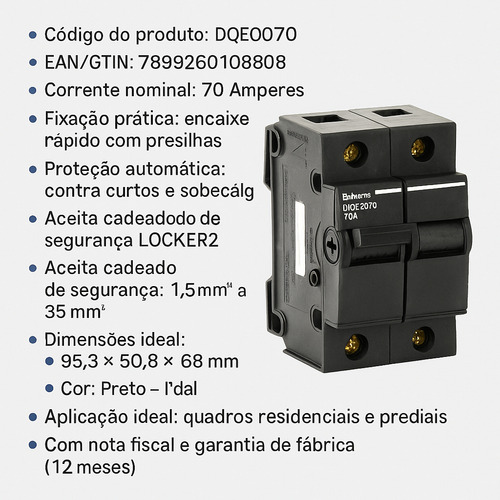 Disjuntor Interruptor Bipolar Nema Eletromar Preto 70a