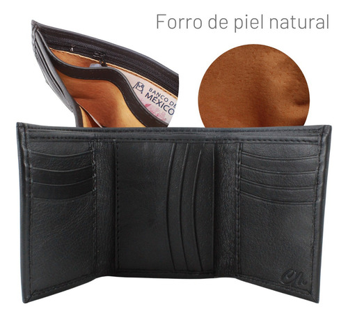 Cartera Triple Premium Hombre Cierre Interno Piel Genuina Negro