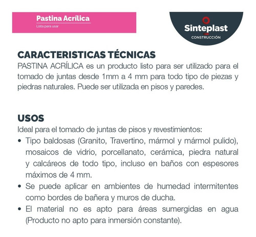 Imagen 3 de 9 de Pastina Lista Para Usar Sinteplast 1.25 Kg Alta Calidad