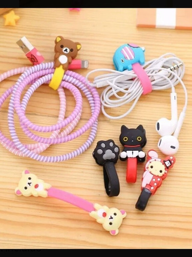 2 Sujeta Cables De Silicon Rilakkuma Gato Conejo Kawaii 2pz