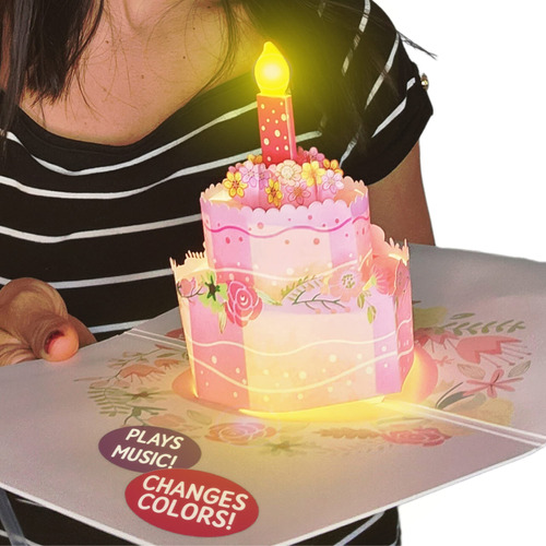 100 Saludos Luces De Cumpleaños Y Música Pink Cake Card - Pl