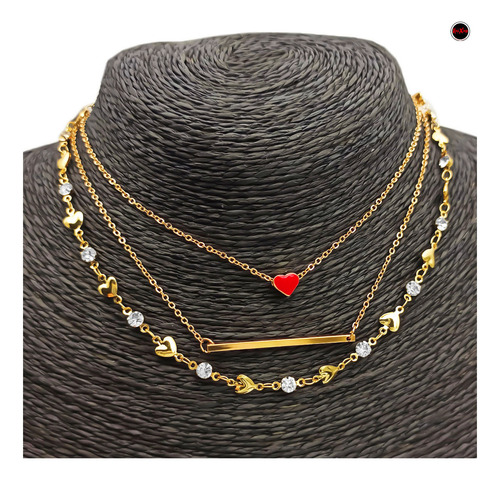 Dorado Choker X3 Corazon Rojo Strass Gargantilla C:7530