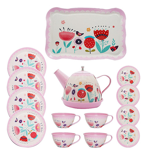 Kids Tea Set Metal Teapot Cups Dishes Afternoon Tea Playset