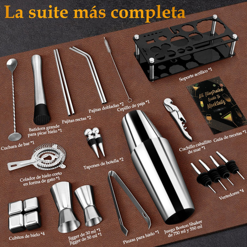 Kit De Coctelería Para Bartender 26 Pz Accesorios Inox 750ml