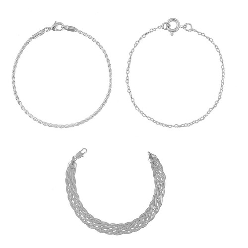 Kit Pulseira Banhadas Prata Elo Coração 6 Fios Cordão Baiano Comprimento 18 Cm