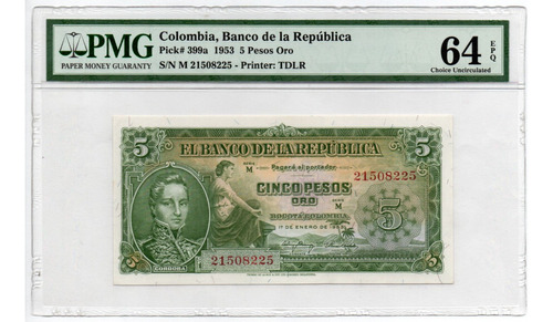 Billete Colombia Certificado 5 Pesos 1 Enero 1953