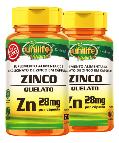 Kit 2 Zinco Quelato 60 Cápsulas Unilife Sabor Natural