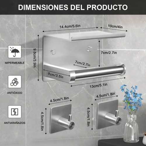 Portarrollos Con Estante De Acero Inoxidable Con 2 Ganchos