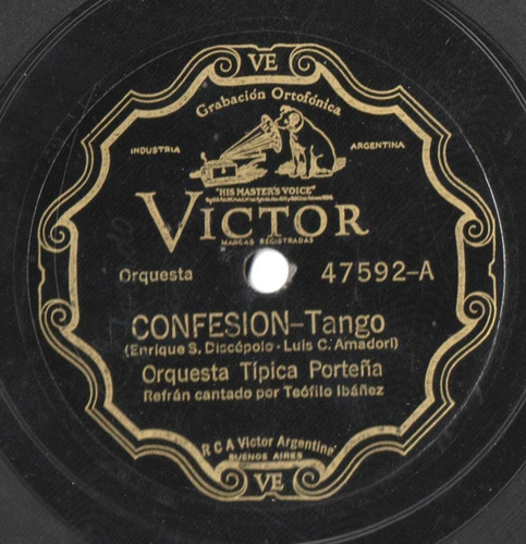 Disco Orig. Pasta 78 Rpm Orquesta Típica Porteña Confesión