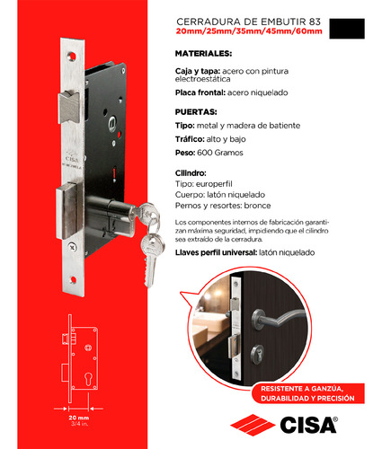 Cerradura Para Embutir Cisa 25mm Modelo 83