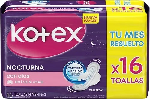 Pack 3 X 16u Toallitas Femeninas Kotex Nocturna Con Alas