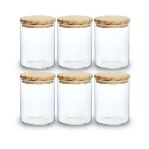 Kit 06 Potes De Mantimentos Herméticos 300ml Pote Redondo De Vidro Tampa  De Bambu Transparente