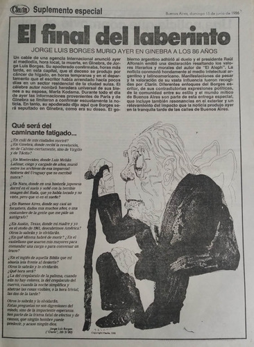 Suplemento Especial Clarin 15/6/1986 Murio Jorge Luis Borges