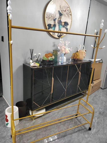 Rack Perchero Reforzado Movil Con Ruedas Doble Estante Ropa Color Dorado