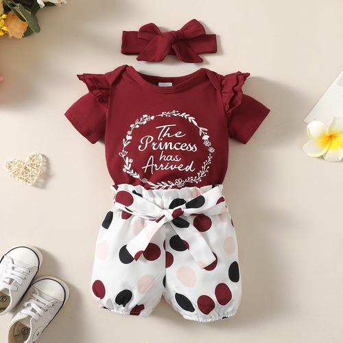 3pcs Conjunto Bebé Con Mameluco Shorts De Lunares Y Diadema Bordó 6-9 M