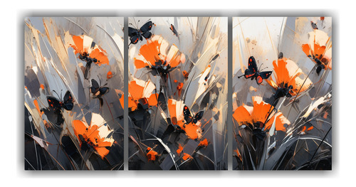 60x30cm Tríptico De Flores En Colores Naranja Y Negro