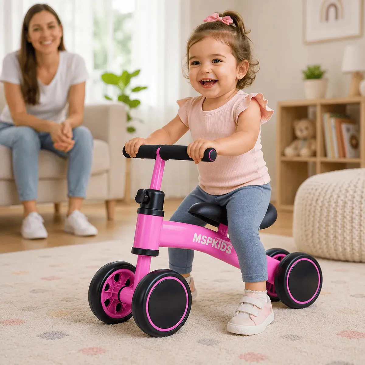 Bicicleta de Equilíbrio Infantil Rosa 4 Rodas Sem Pedal Bebê MSP Kids, Primeira Bike para Criança a Partir de 1 Ano, Assento Ergonômico, Guidão Ajustável até 140°, Pneus em EVA e Aço Carbono