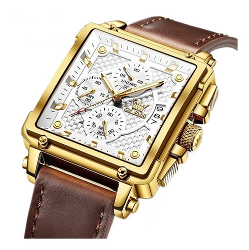 Elegante reloj Olevs para hombre, cuarzo dorado y blanco, color de la correa: marrón