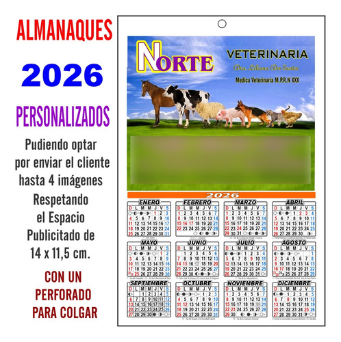 Almanaques 2026 Personalizados +1 Perforado Colgar 200 Udad Almanaques Personalizados Impresos Full Color