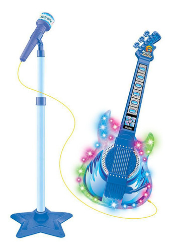 Guitarra Infantil C Microfone Pedestal Toca Mp3 Luz Som Azul
