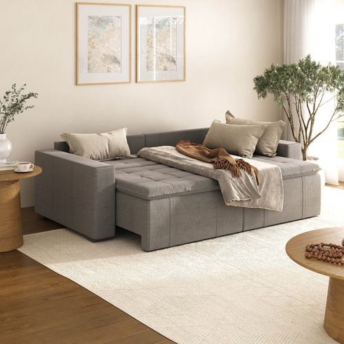 Sofá Cama Retrátil E Reclinável 4 Lugares 240cm Em Linho