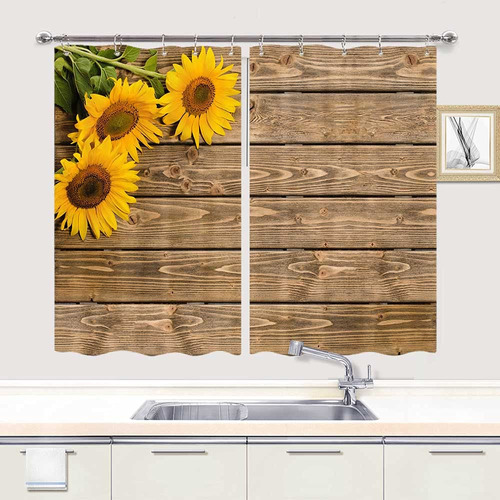 Cortina Ventana Cocina Girasol Panel Madera Rustica Flor 10