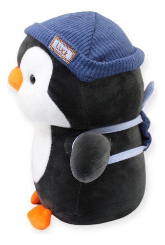 Pinguino De Peluche Con Gorro Y Mochila Azul Juguete 27cm Color Azul Marino