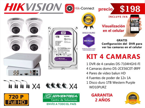 Camaras De Seguridad Hikvision Vigilancia Cctv Kit 4 Con Dvr