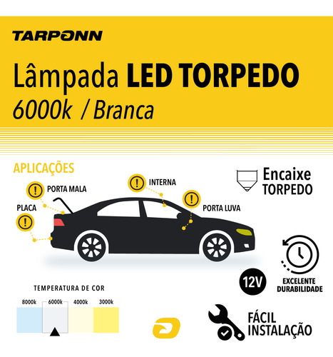 Par Lâmpada Led Torpedo 6000k 3 Leds Smd 39mm 12v Tarponn