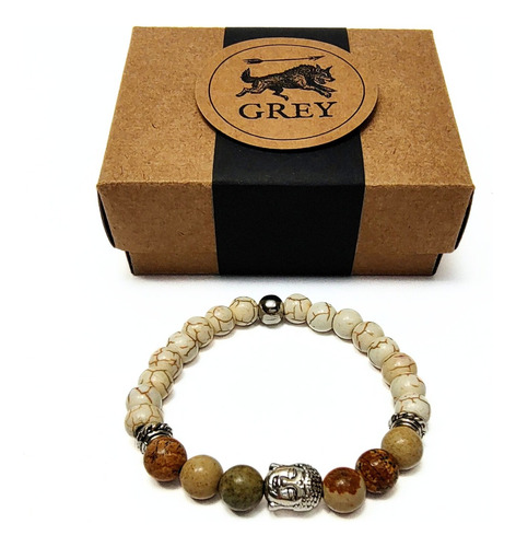 Pulsera De Hombre Piedra Marfil Y Jaspe Madera + Dije Buda