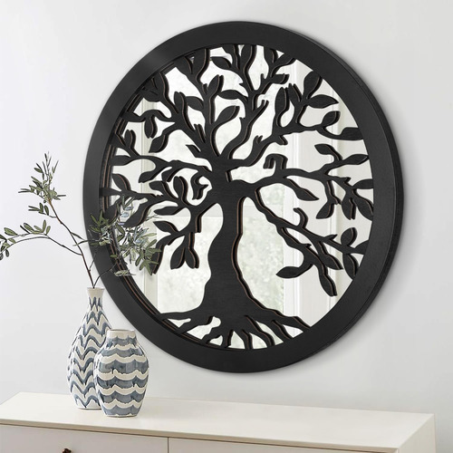 Espejo Redondo Rústico, Árbol De La Vida, Decorativo Negro