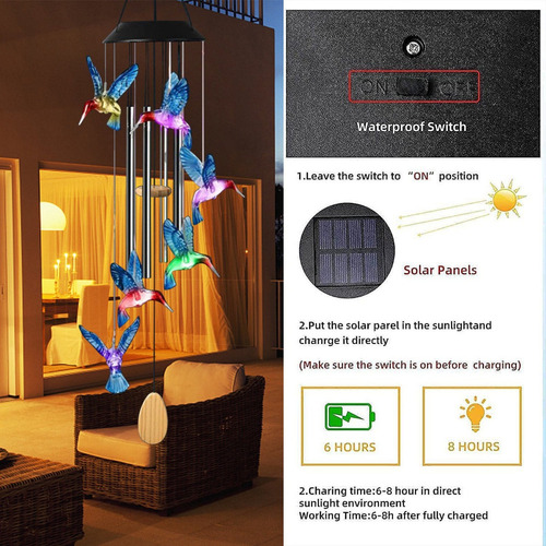 Campanilla De Viento Solar Led Colibr Para Decoración De Jar