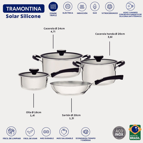 Batería De Cocina Ollas Tramontina 4 Piezas Solar Silicona