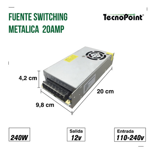 Imagen 2 de 9 de Fuente Switching 12v 20 Amp Metálica Tiras De Leds Cctv