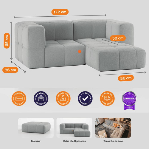 Sofá 2 Lugares Modular Na Caixa Em Boucle Com 1 Chaise Cinza