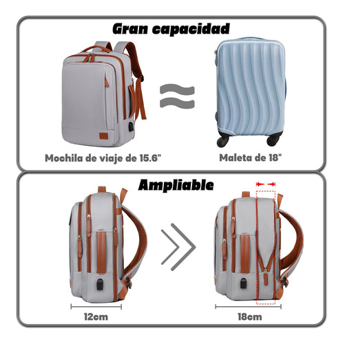 Mochila 35l Impermeable Con Usb - Ligera, Ampliable Y Antishock Para Viajes/trabajo/estudio,modo Bolso/mochila,compartimento Seco/mojado, Unisex Gris Liso