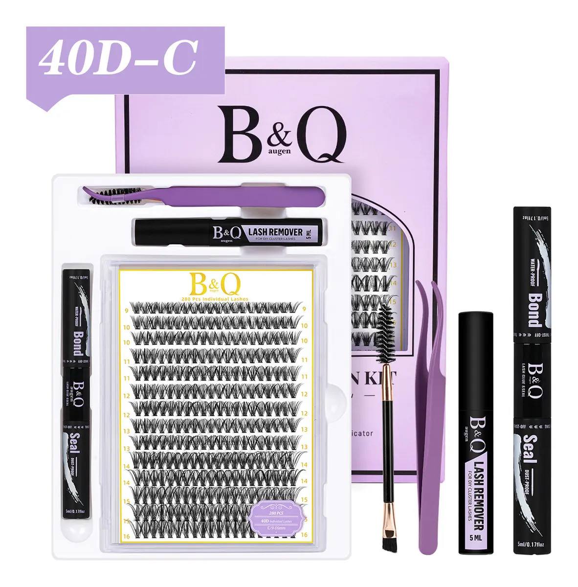 Kit de Extensiones de Pestañas Mink Sintético 40D Curvatura C, con Pegamento y Removedor B&Qaugen