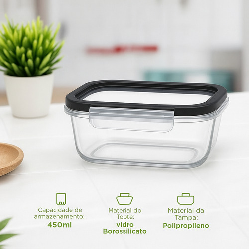 Pote Vidro Hermético Retangular Tampa 450ml Kit 10 Peças