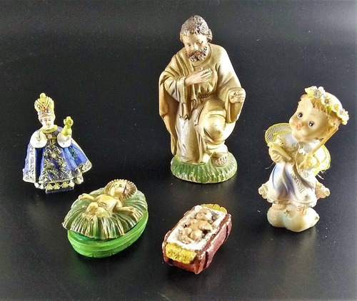 Antigo 5 Miniatura Santos Anjos E Menino Jesus 4351 Rrdeco