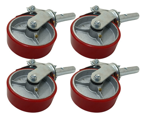 Kit 4 Rodízios Giratórios Com Freio Para Andaime Até 500kg Rodas Vermelho