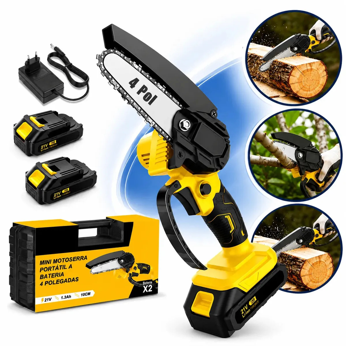 Motoserra Elétrica Portátil 4 Polegadas Podadora Profissional Mini Recarregavél Sem Fio Leve Maleta 2 Baterias Potente