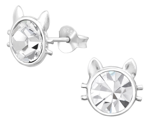 Aros De Plata Fina 925, Gato Punto Luz Zirconia Gatito