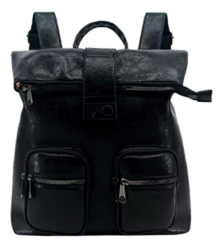 Mochila Simil Dama Apertura Superior V/ Bolsillos- La Valija Color Negro Diseño De La Tela Simil Cuerina