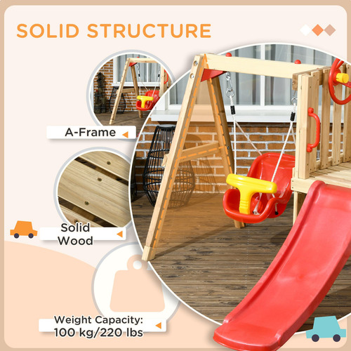 Juego De Columpio De Madera Con Tobogán Y Rueda Para Niños Rojo