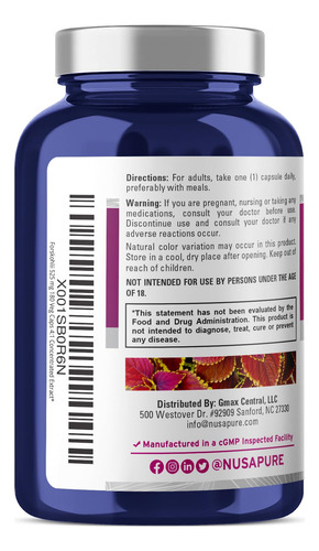 Suplemento Nusapure Forskolin 2100 Mg 180 Cápsulas Vegetais