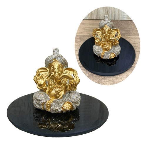 Ganesha Deus Sorte Dourado Brilho Resina 7cm + Bandeja Preto