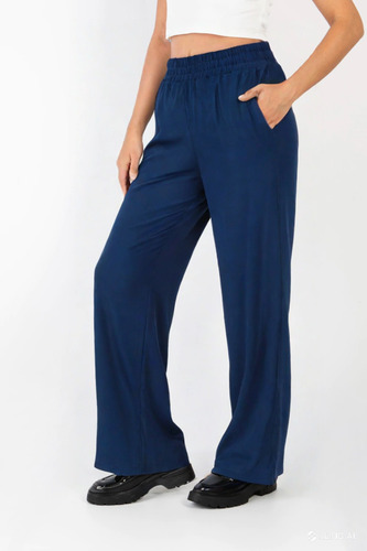 Pantalon Recto Ancho De Modal Con Elastico En Cintura Talles