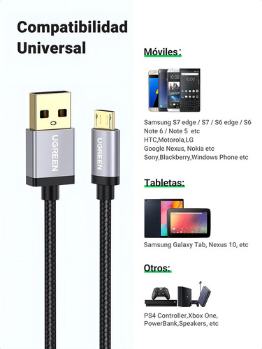 Ugreen Cable Usb A Micro Usb Carga Rápida 3m Celular Ps4 Color Negro