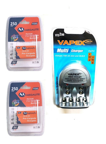 Imagen 1 de 2 de Cargador De Pilas Recargables Vapex Aa Aaa 9v + 2 Bat